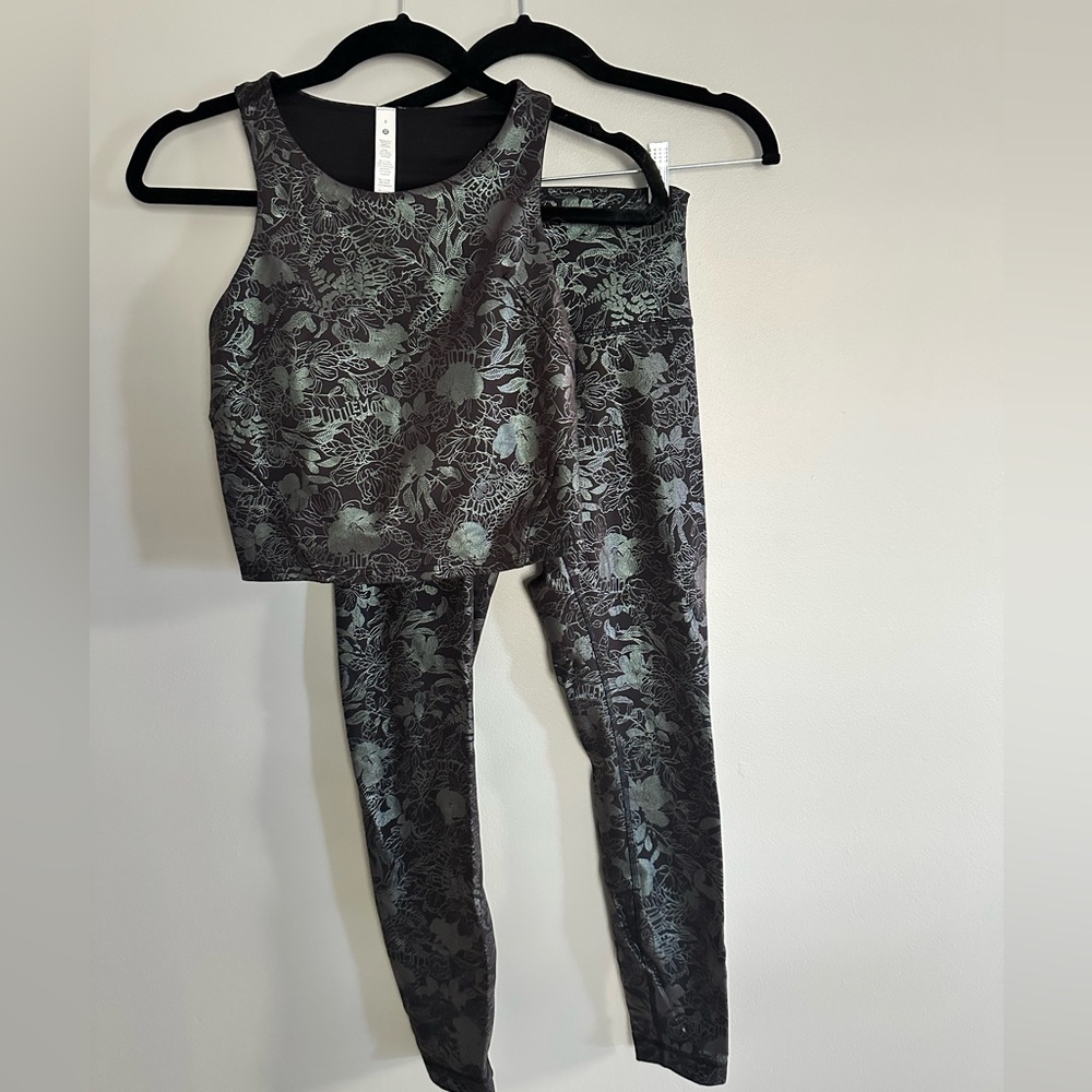 Lululemon Athletica Green and Black Floral Top and Leggings Set